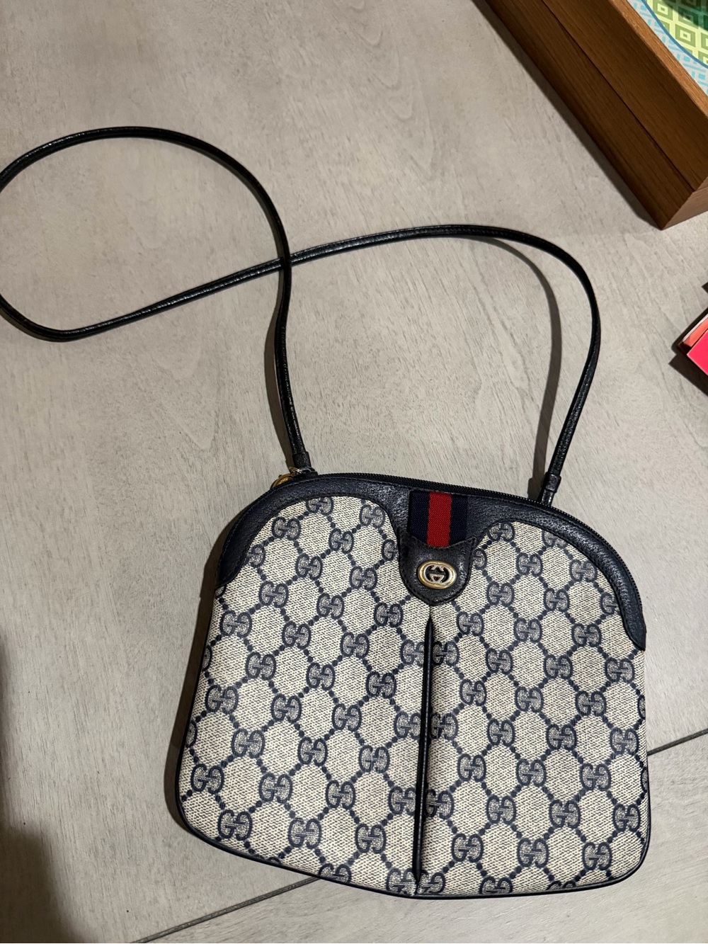 Gucci Beige Navy Monogram Crossbody with Red Web Stripe
